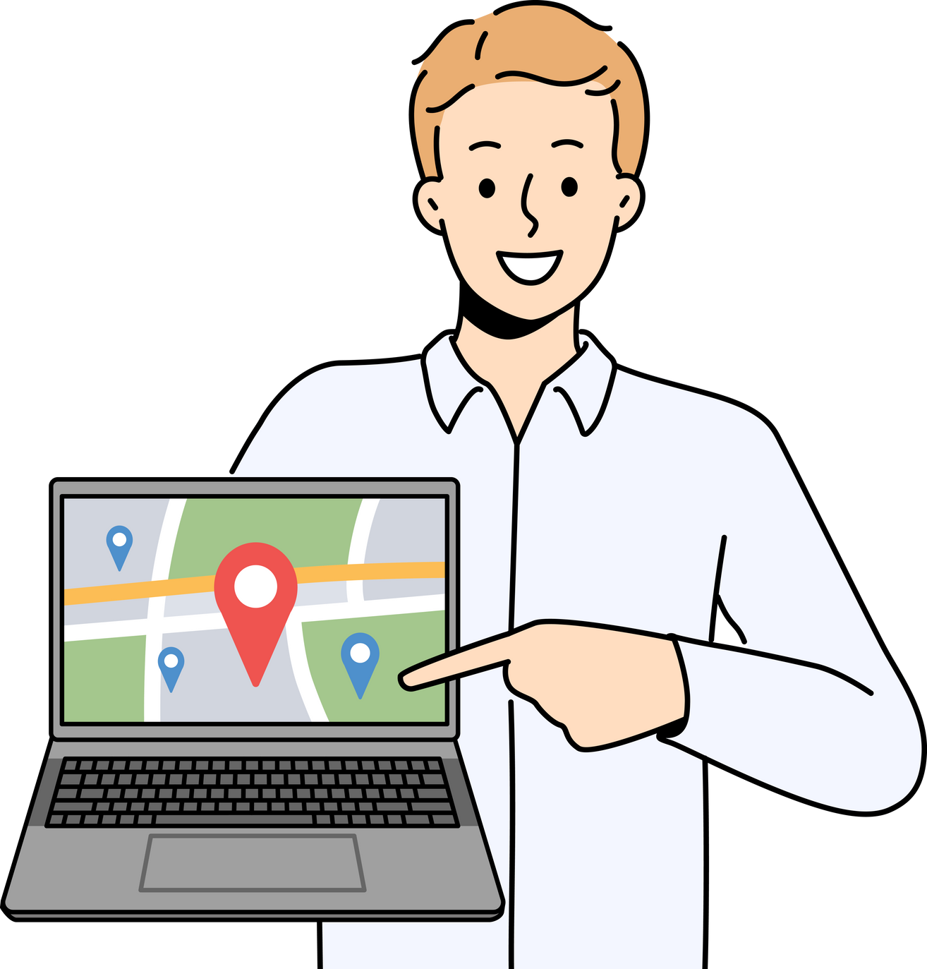 Smiling man show GPS tracker on map on computer